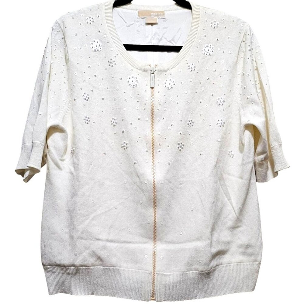 Michael Kors XL Women's White Cardigan With Rhinestone Floral Embellishments 100